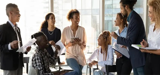 a group of people standing and talking