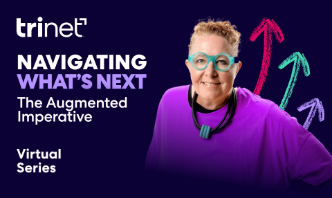 Graphic for TriNet's 'Navigating What's Next' virtual series. Features a person in a purple shirt with colorful arrows on a dark blue background.