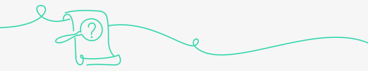 Teal line drawing of a scroll with a question mark, connected to a winding line that loops across the image
