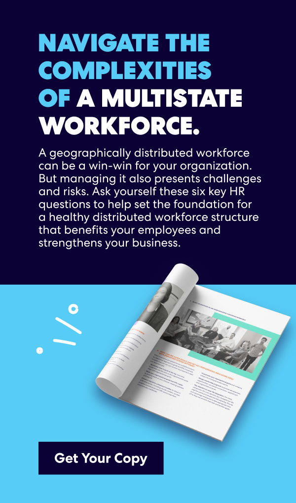 Promotional graphic with headline ‘Navigate the complexities of a multistate workforce,’ descriptive text about managing distributed teams, and a button labeled ‘Get Your Copy’ next to an open booklet.