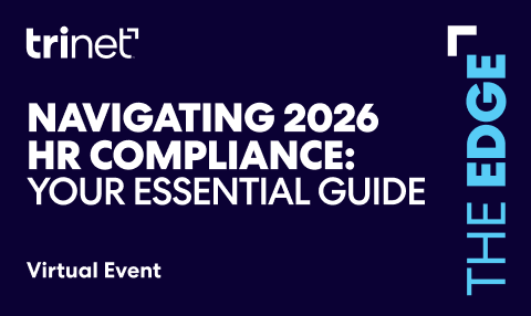 Promotional image for TriNet’s virtual event “THE EDGE” with the theme “Navigating 2026 HR Compliance: Your Essential Guide”.