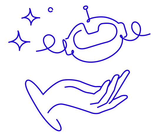 Minimalist line art of an open hand beneath a floating robot head with sparkles.