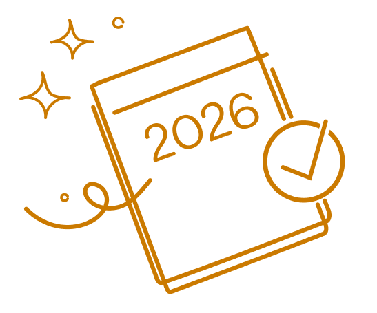 Minimalist line art of a 2026 calendar with a checkmark.