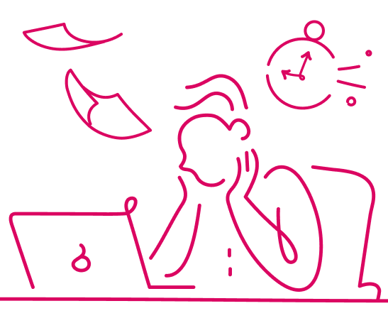 Person stressed at a laptop with flying papers and a ticking clock.