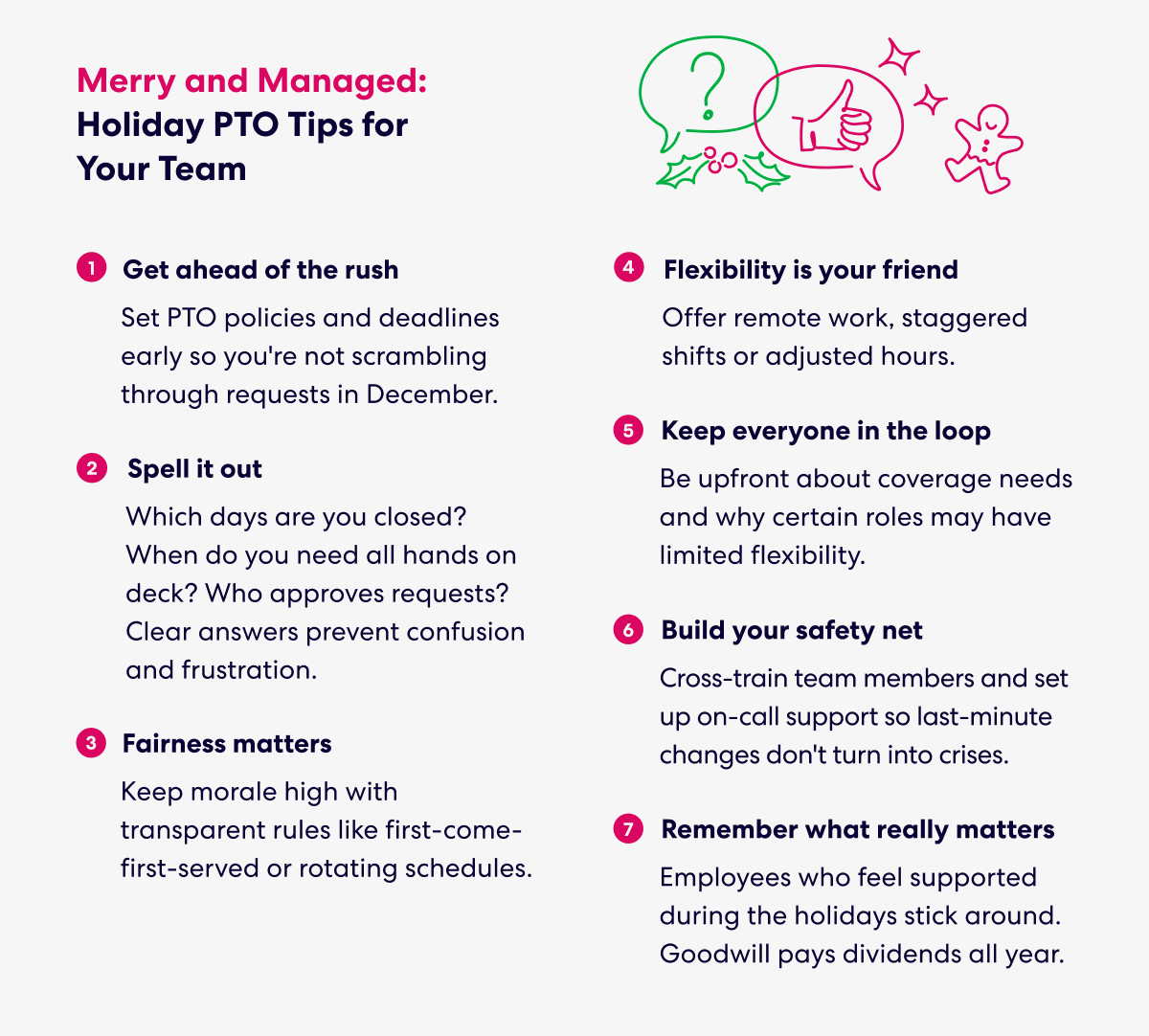 Holiday PTO tips list with seven suggestions for managing team time off during December.