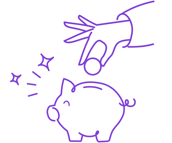 Hand dropping a coin into a piggy bank with sparkles, symbolizing saving money.