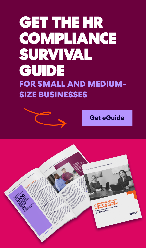 Promotional graphic for an HR Compliance Survival Guide with an open booklet and call-to-action button to get the eGuide.