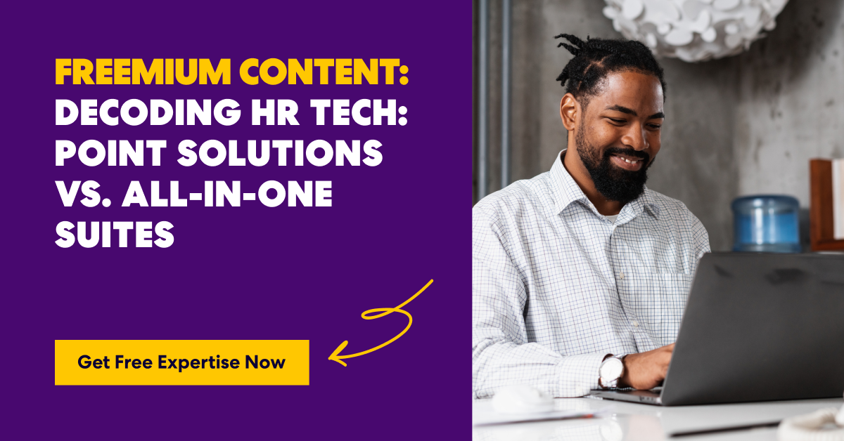 Man using a laptop next to text promoting a free guide comparing HR point solutions and all-in-one suites.