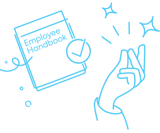 Illustration of an employee handbook next to a hand snapping with sparkles.