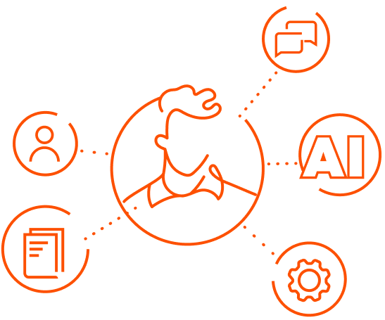 A figure in the middle of icons