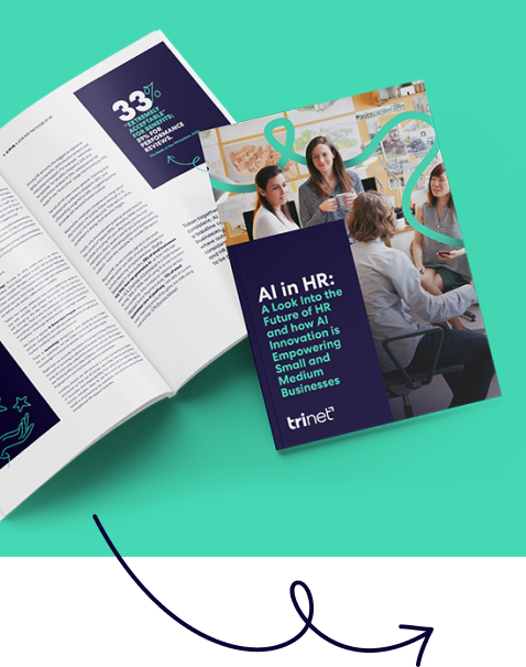 Cover of TriNet’s ‘AI in HR’ report with people in a meeting.